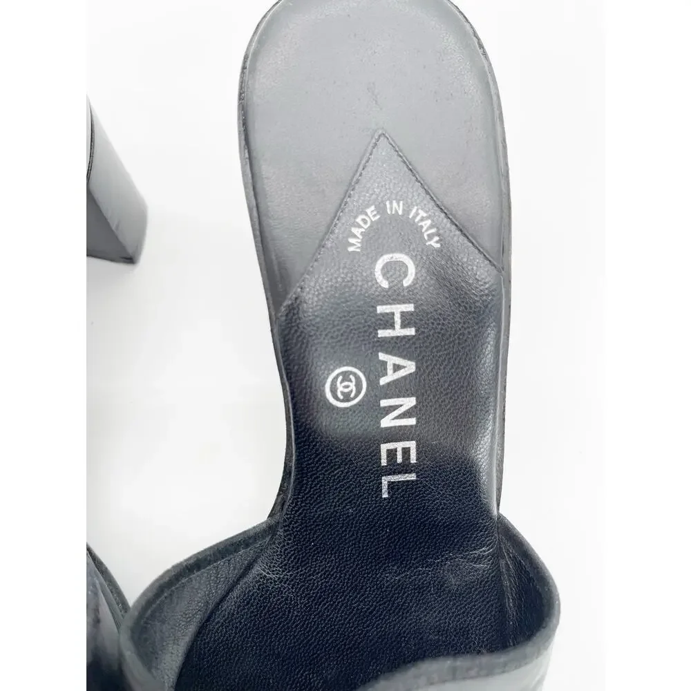 Chanel Vintage Black Leather CC Logo Classic Mule Heeled Sandals Square Toe US 6